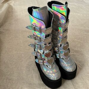 Demonia Silver Hologram Platform Vegan Leather Boots Size 8